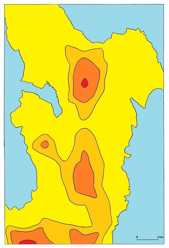 Slika 13. Gustoća ponikava u zoni Cres (žuto 0-5; tamnožuto 6-10; narančasto 11-20; crveno 21-40 ponikava/km 2 ) Slika 14.