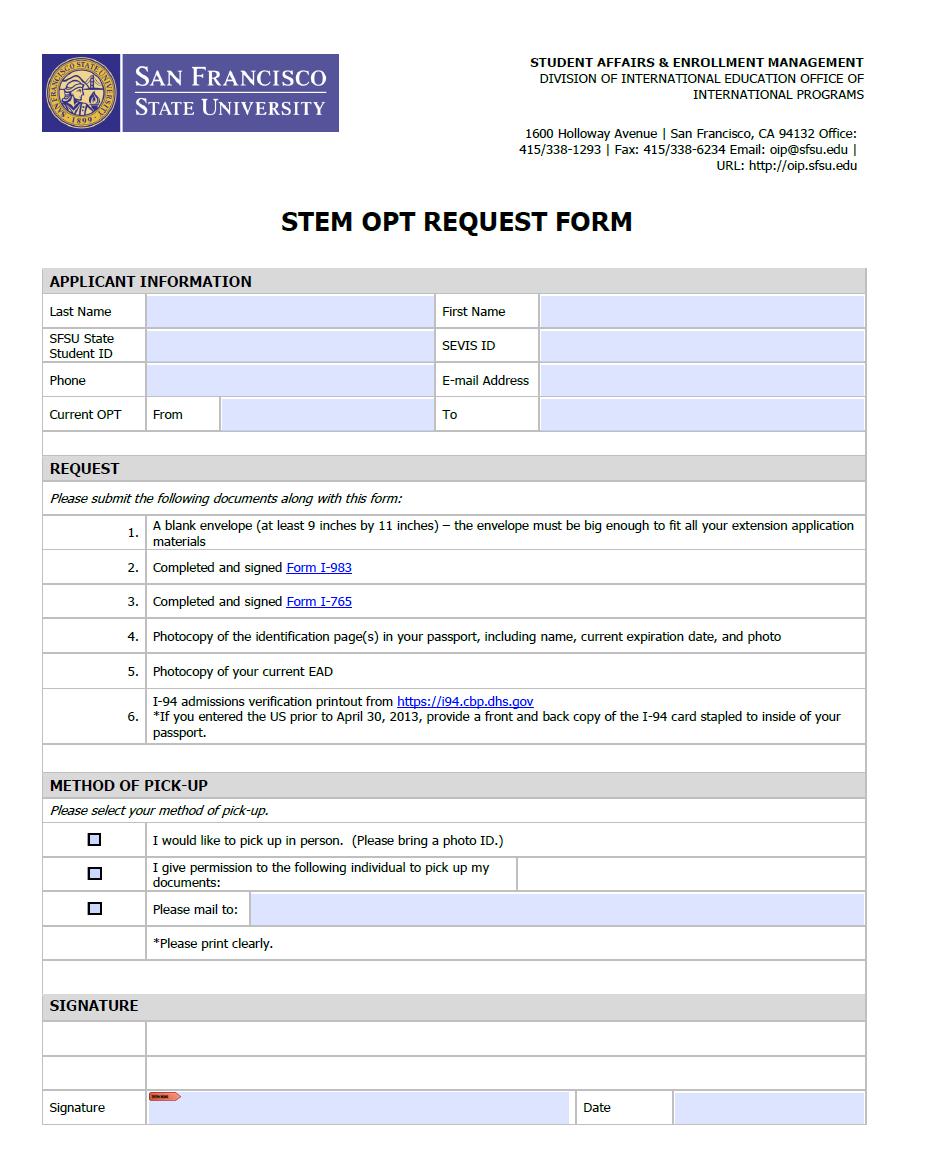 STEM OPT Request Form This is a fillable PDF form.