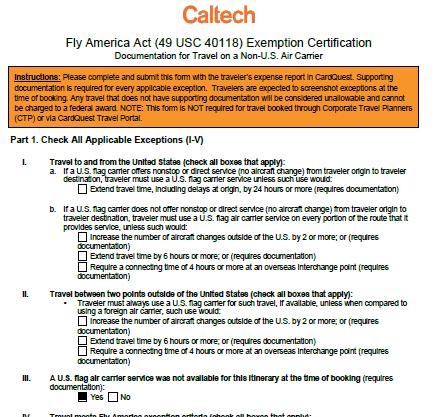 Fly America Act Documentation example: