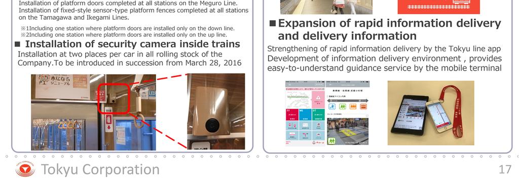 Line, Den-en-toshi Line, and Oimachi Line by 2020. We have also been installing on-board security cameras in our trains.