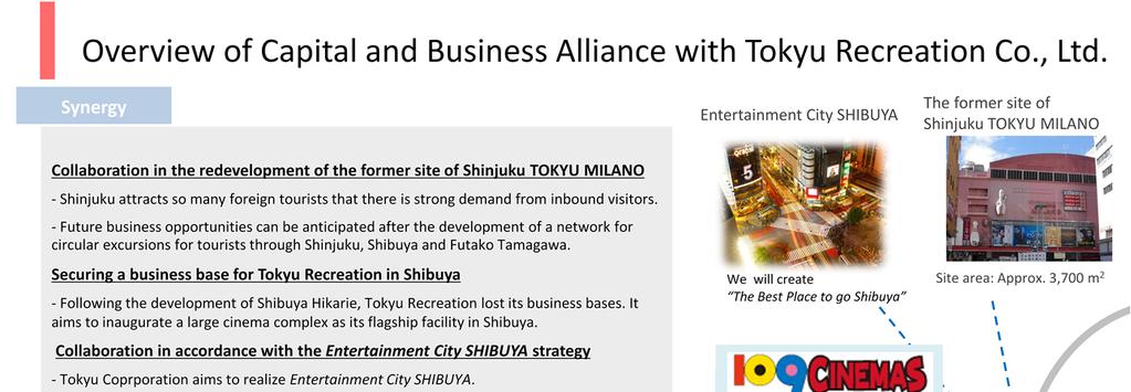Overview of Capital and Business Alliance with Tokyu Recreation A capital and business alliance agreement was