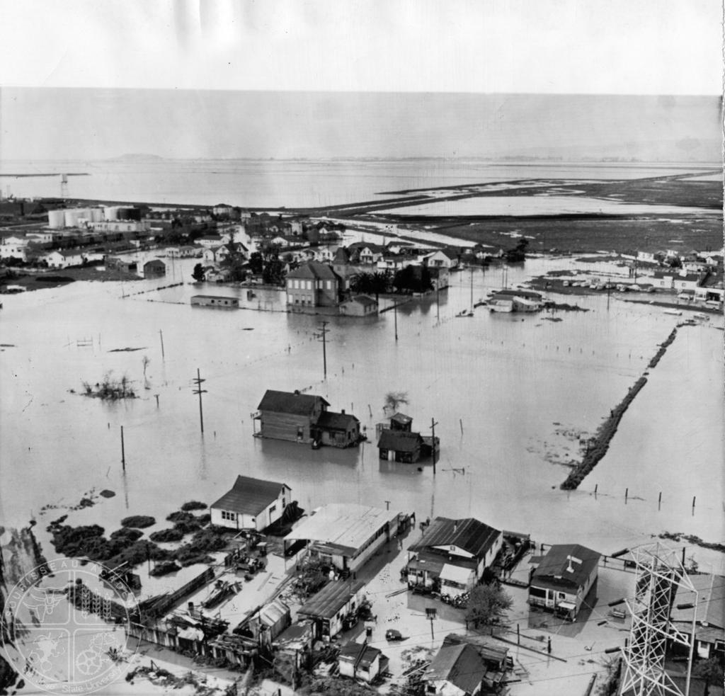 [50] Alviso Flooding 1958 - Alviso was hit particularly hard by continual flooding, including particularly severe ones in 1955, 1958, and 1983. Pictured here is the 1958 inundation of the town.