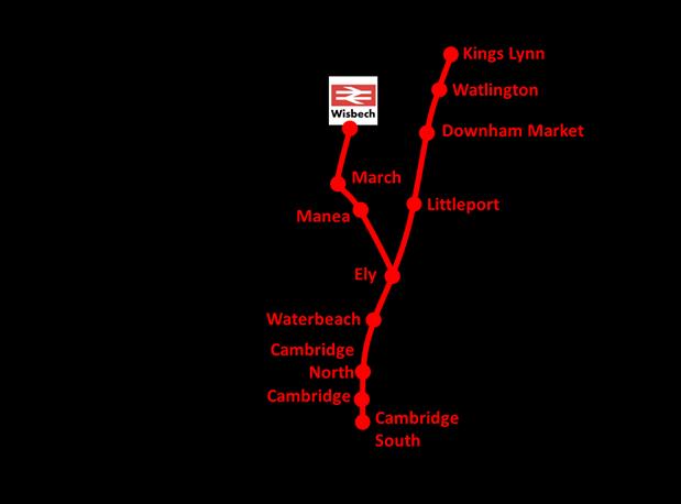 Map showing TransCambs Rail Link Indicative timetable TransCambs Rail Link King's Lynn xx:54 xx:24 Watlington xx:01 xx:31 Downham Market xx:08 xx:38 Littleport xx:17 xx:47 Wisbech xx:43 xx:13 March