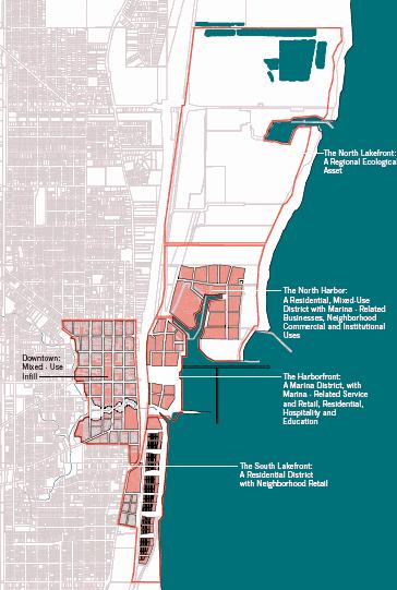 The Lakefront and Downtown DEVELOPMENT AT THE LAKEFRONT AND IN DOWNTOWN Create clear development districts that offer a sense of completion at each stage Start with