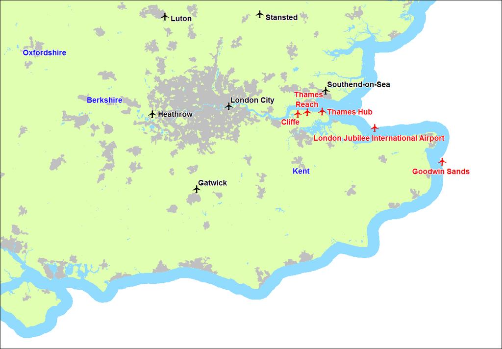 Figure 1 Existing and proposed airports in London and the South East Source: Oxera. transfer from Heathrow to the new hub, while if Heathrow remains open no transfer is assumed.