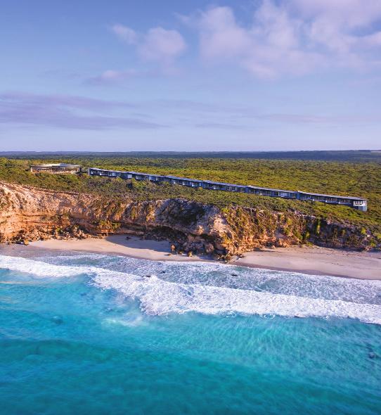 56 AUSTRALIA Southern Ocean Lodge KANGAROO ISLAND, AUSTRALIA Luxurious Southern Ocean Lodge fl oats atop a secluded cliff on a dramatic stretch of deserted Kangaroo coast commanding staggering views