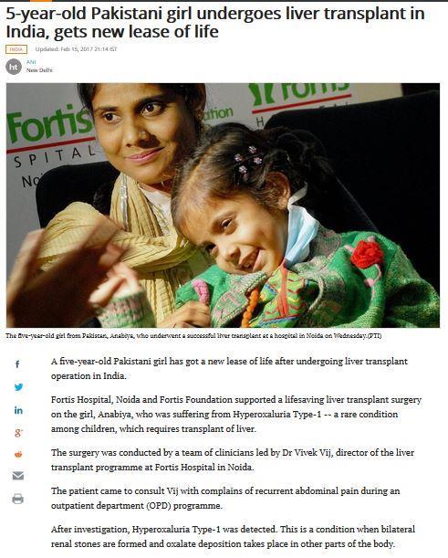 Publication Hindustantimes.com Headline Link 5-year-old Pakistani girl undergoes liver transplant in India, gets new lease of life http://www.
