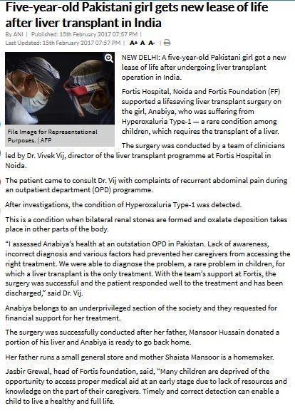 Publication Newindianexpress.com Headline Link Five-year-old Pakistani girl gets new lease of life after liver transplant in India http://www.