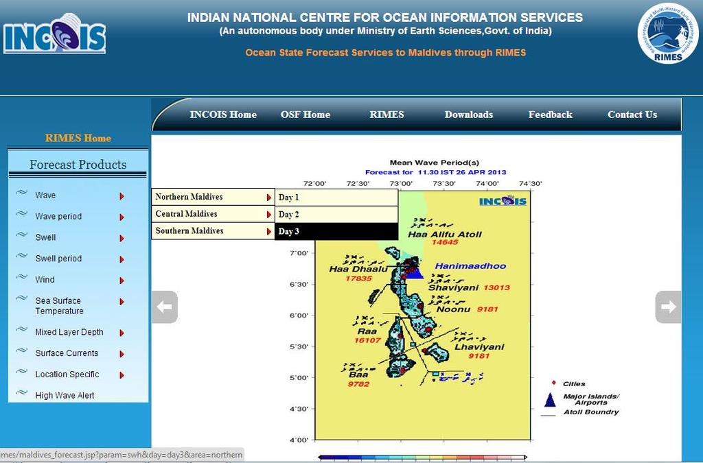 Customized forecast for Maldives INTEGRATED OCEAN SERVICES: Indian ocean monitoring system Wave, Wave period, swell and other information critical for marine safety and operations to SIDS In
