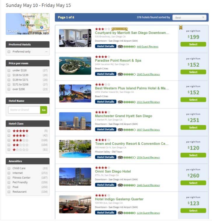 Select a hotel form the search results. Filter by preferred hotel, price per room, hotel name, hotel class, and amenities. Select the Room Type and click Book. Confirm the details of your selection.