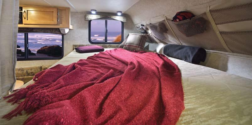Most other Adventurer bedrooms are equipped with a queen-size bed, and in most truck camper models, you ll find a residential-size Microfiber Pillowtop mattress for a comfortable nights rest.