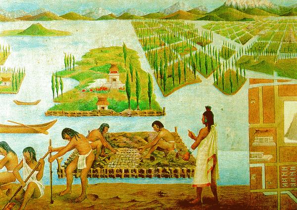Supporting Question 2 Source B: Artist unknown, Illustration of the chinampas raised-bed Aztec style of agriculture,
