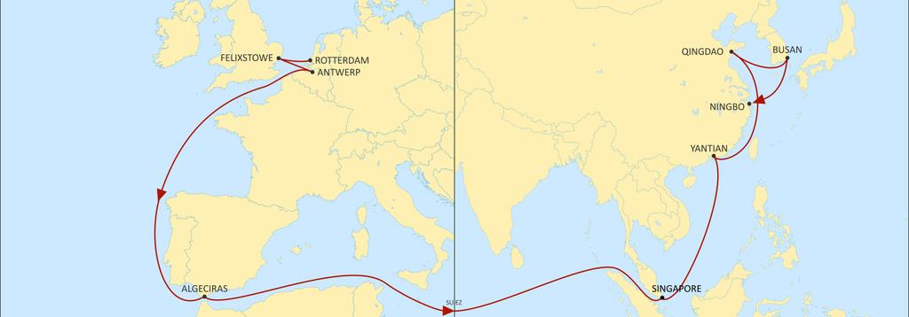 ASIA NORTH EUROPE SWAN EASTBOUND Main service from UK to Asia with full coverage to China (direct or in TS ) & SEA. Fast TT from FLX to Yantian > 33 days Export call from Algeciras to all Asia.