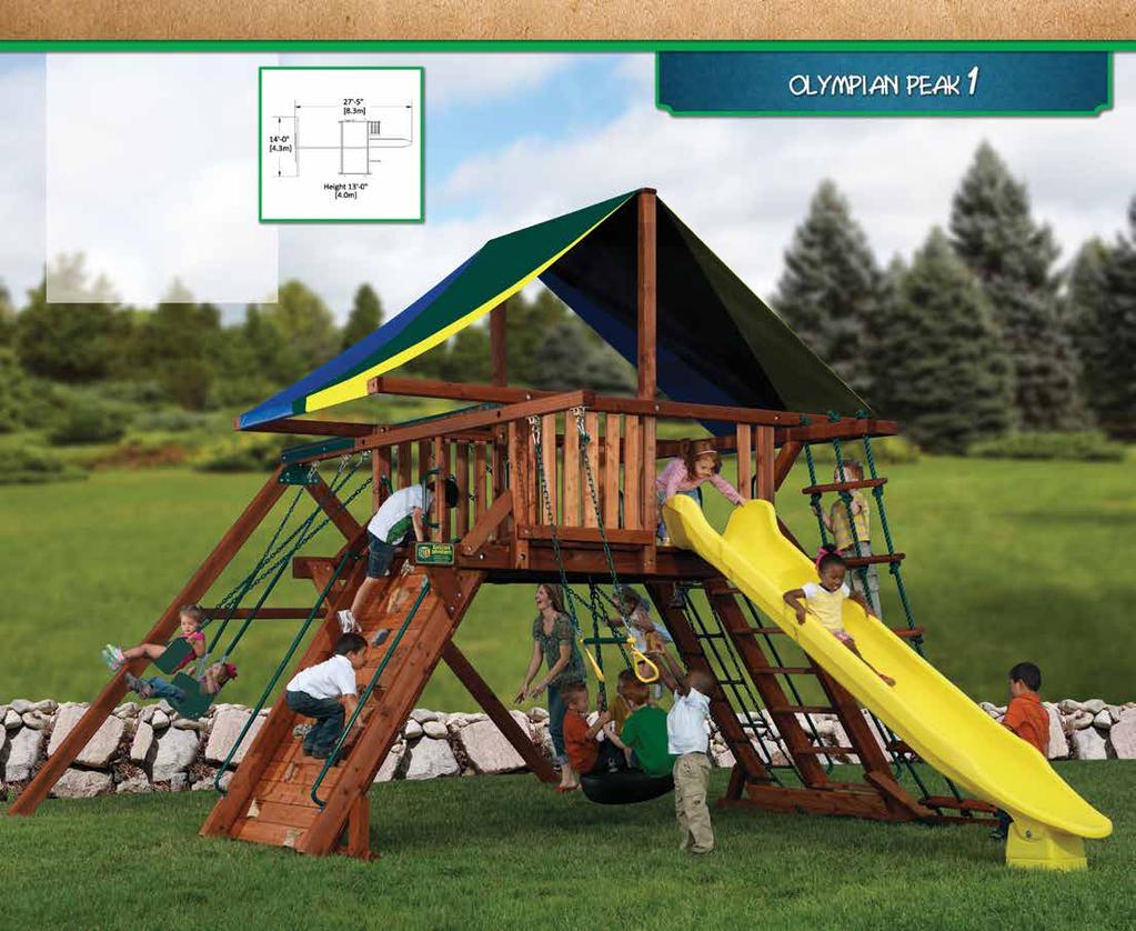 PLAY SET SHOWN WITH: Olympian Peak Standard Features: 6 Rock Wall Chain/Flat-Step Ladder Combo Accessory Arm with Rope Ladder Accessory Arm with