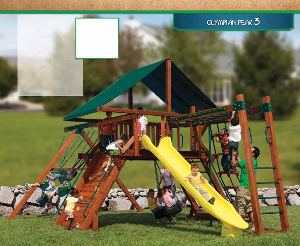 PLAY SET SHOWN WITH: Olympian Peak Standard Features: 6 Rock Wall Chain/Flat-Step Ladder Combo Accessory Arm with Rope Ladder Tire Swivel Swing Options: Tarp Roof