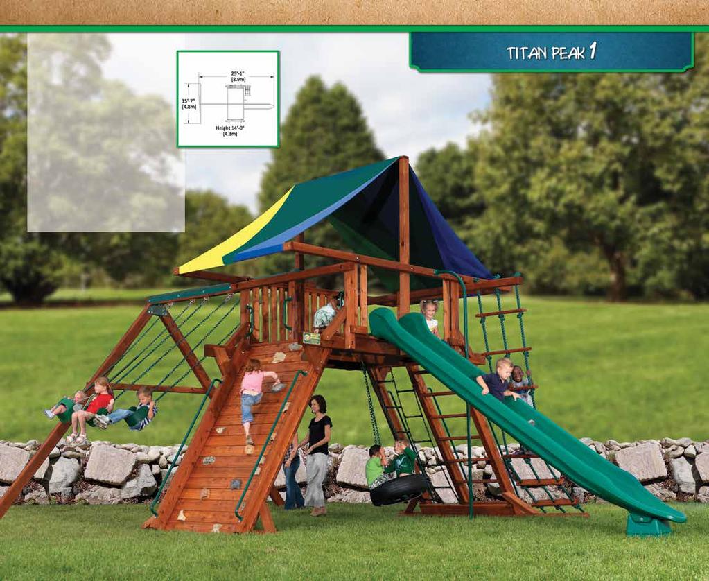 PLAY SET SHOWN WITH: Titan Peak Standard Features: 7 Rock Wall Chain/Flat-Step Ladder Combo Accessory Arm with Rope Ladder Tire Swivel Swing