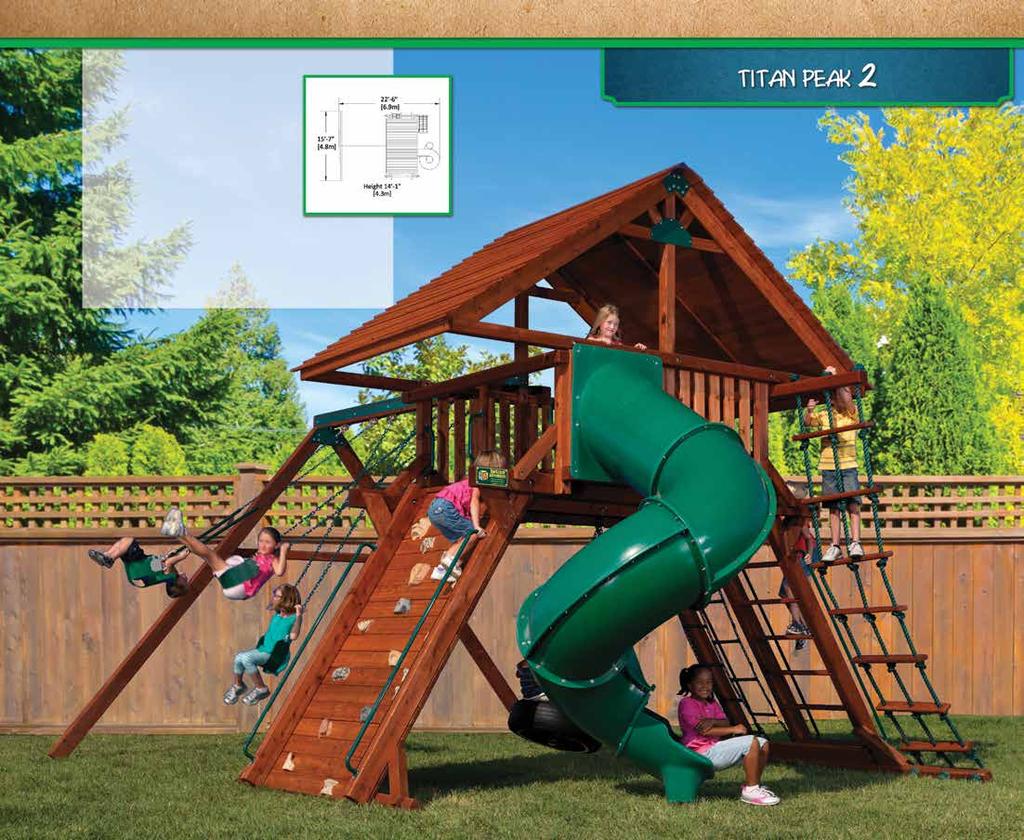 PLAY SET SHOWN WITH: Titan Peak Standard Features: 7 Rock Wall Chain/Flat-Step Ladder Combo Accessory Arm with Rope Ladder