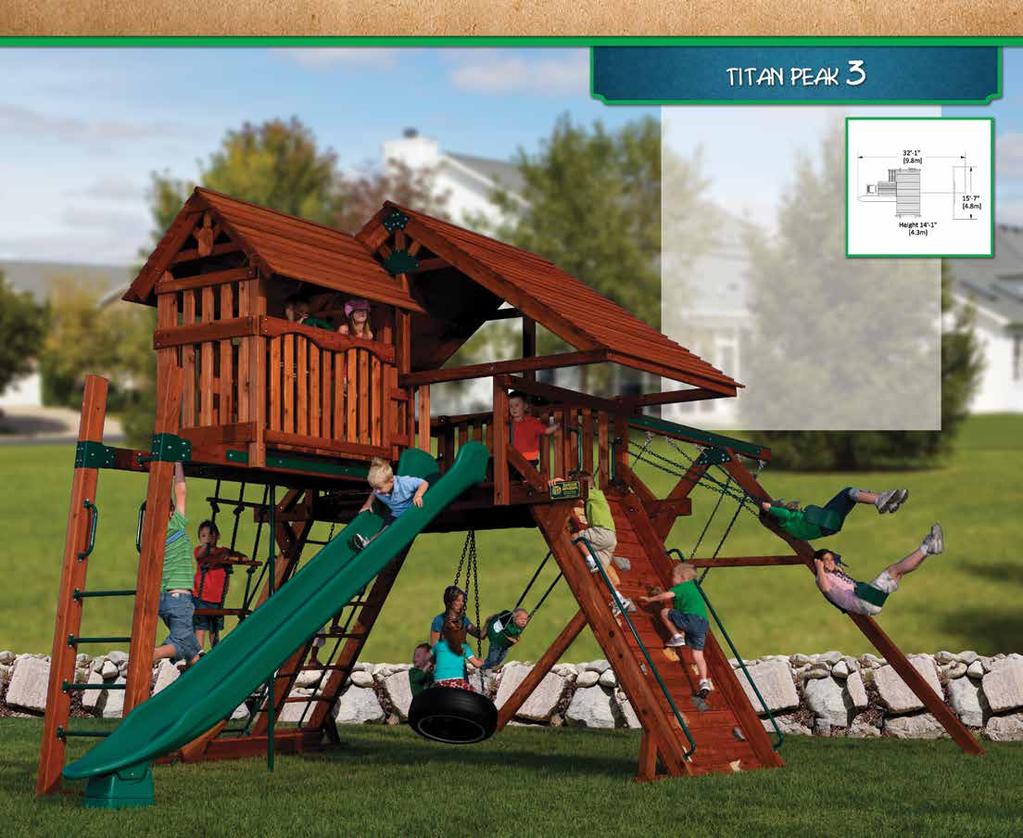 PLAY SET SHOWN WITH: Titan Peak Standard Features: 7 Rock Wall Chain/Flat-Step Ladder Combo Accessory Arm with Rope Ladder Tire Swivel Swing Options: Wood