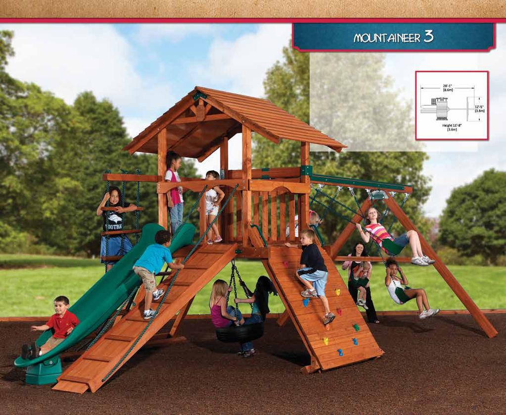 PLAY SET SHOWN WITH: Mountaineer Standard Features: Tire Swivel Swing Accessory Arm with Rope Ladder 5 Rock Wall