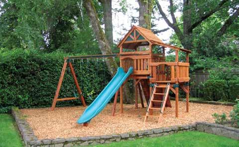 Ideally, any stationary component such as a fort, ladder, slide, or rock wall should be no less than six feet from any structure or obstruction including a fence, tree, electrical wires, curbing, or