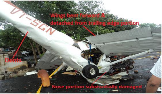 1.3 Damage to Aircraft: The aircraft was substantially damaged. The damages observed on the aircraft were, both the Propeller blades were bent and got dislodged from the propeller hub.