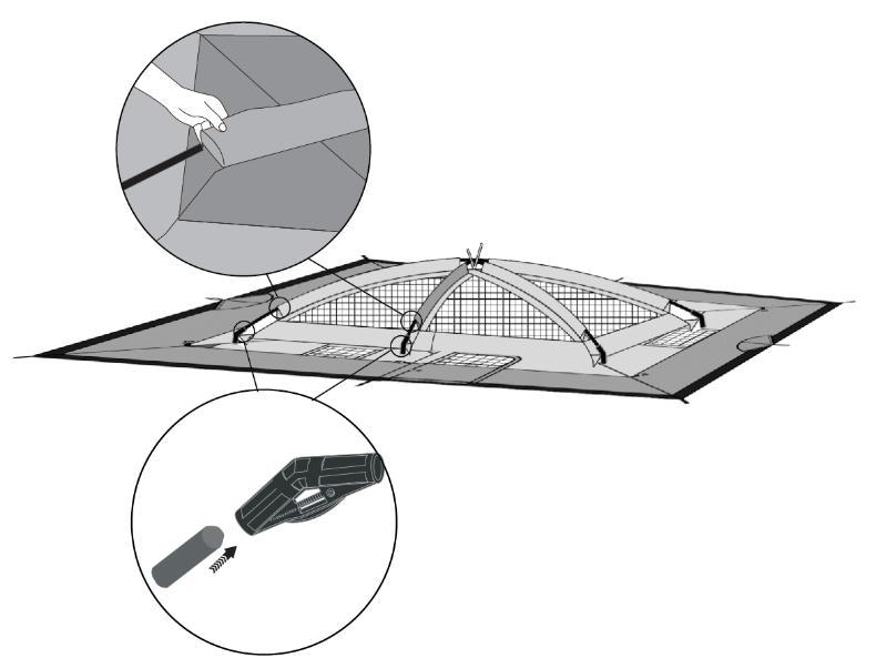 Extend tent poles (C,D,E, and F) and place in position around the tent ready for installation. (E) (E) (C) (F) (D) Step 2: 1. Begin with the Middle Roof Pole (D).