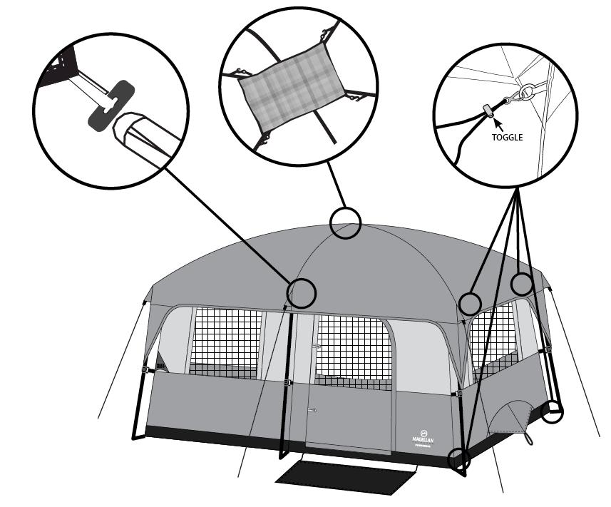 Assembly Instructions Step 5: 1. Attach the Lighted Gear Loft (I) by attaching its S-hooks to the fabric loops on the tent ceiling. 2.