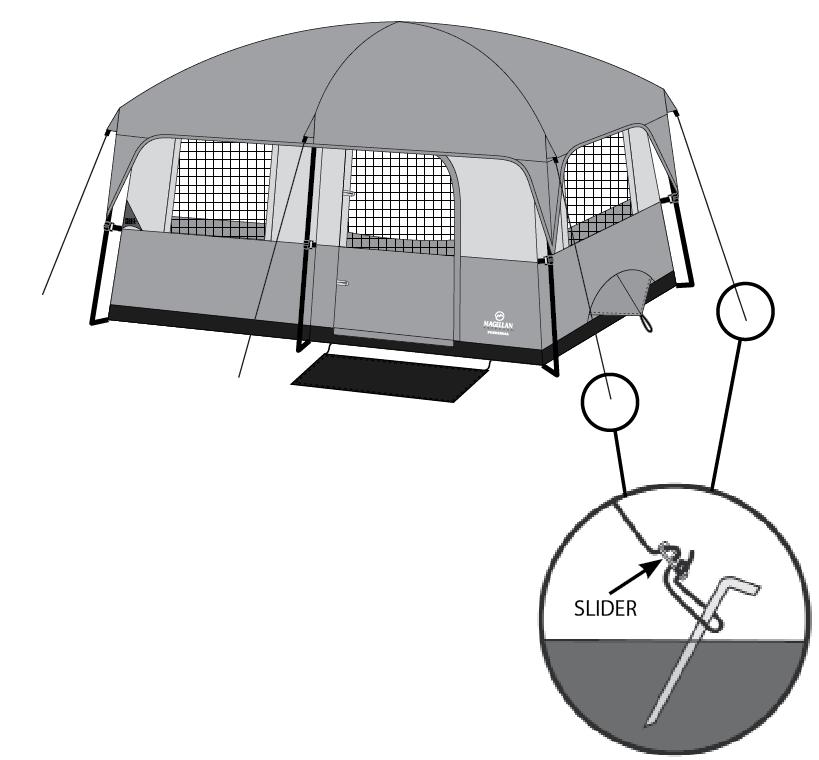 Attach the Media Pocket (J) by clipping the plastic hooks on the cords of the media pocket onto the plastic rings located at the top and bottom corners on the wall of your tent.