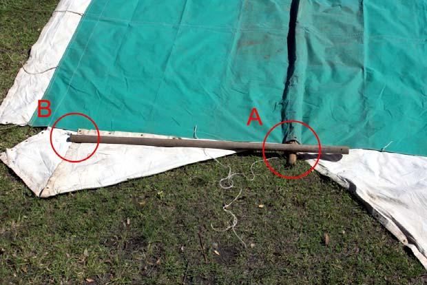 Step 3 Position the upright poles at right angles to the ridge pole. (A) The uprights should be 15cm away from the edge of the tent when the ridge line of the tent is taut.