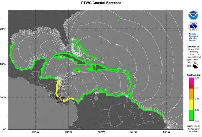 Coastal Forecast for Tsunami Wave Heights Costa Rica RIFT coastal tsunami amplitude map for the Southern Caribbean Sea based on the scenario for Costa
