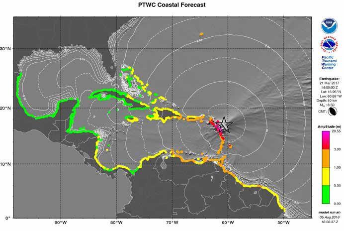 Coastal Forecast for Tsunami Wave Heights Northeastern Antilles RIFT coastal tsunami amplitude map for the Southeastern portion of the Caribbean Sea scenario