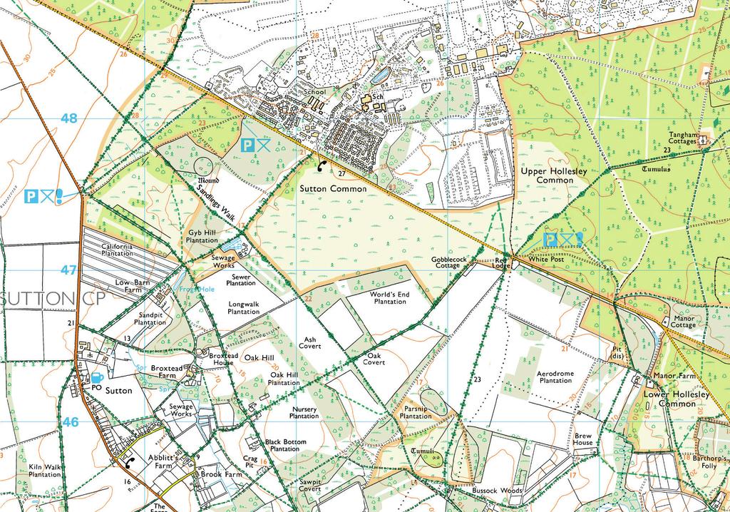 Key Sutton and Hollesley Heaths walk Sandlings Walk Footpath Bridleway 2 Byway open to all traffic Restricted byway Highlights location 3 6 4 Route through the reedbed Route through Dunwich Forest 5