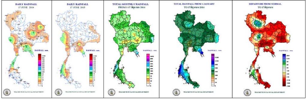 Rainfall Situation Maximum Rainfall by region from 7. AM of 17 June 214 to 7. AM of 18 June 214 North at Muang District Phrae 12.9 mm. Northeast at Muang District Khon Kaen 32.9 mm. Central at Thong Pha Phum District Kanchanaburi 29.