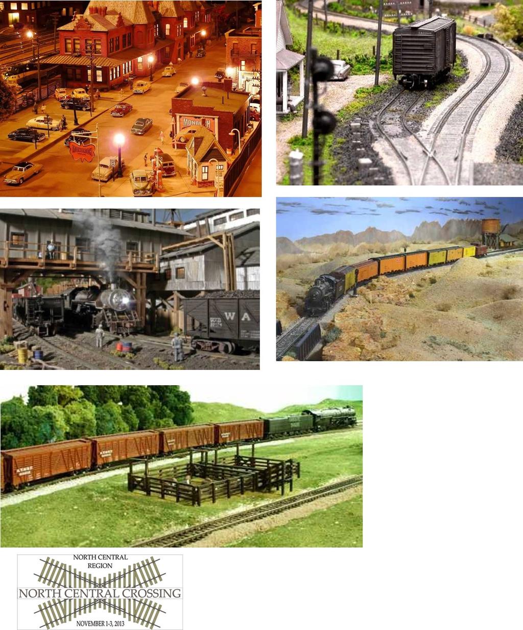 RAILFANNING DIVISION 8 LAYOUTS NCR GOES TRACKSIDE from top left then clockwise- Michigan Lines Bustling evening around the station Jay Qualman HO Scale C&O Clifton Forge Division Mike Burgett HO