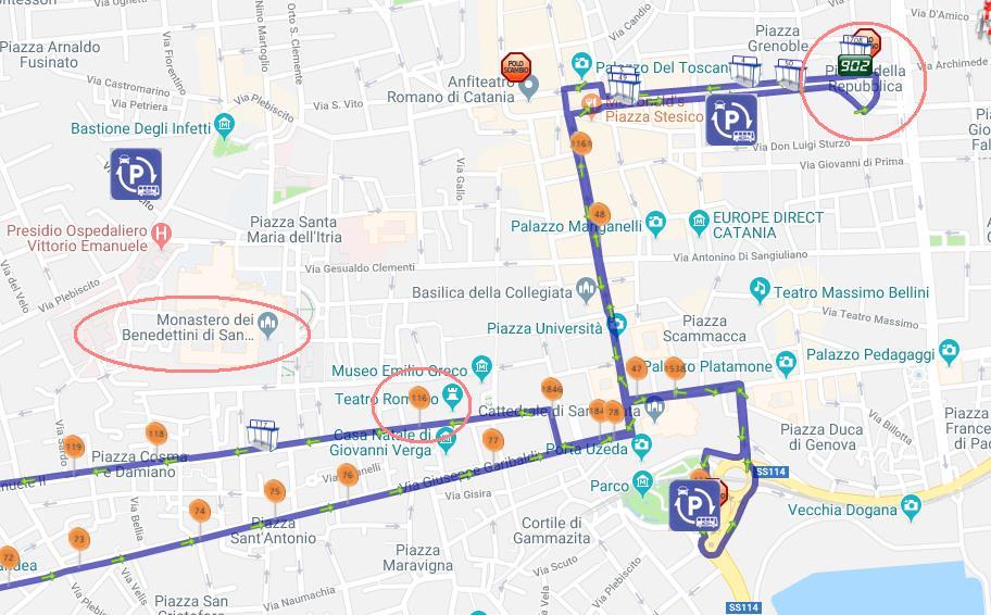 From Piazza della Repubblica (Train Station): take bus n 902 and get off in Via Vittorio Emanuele after the Greek-Roman Theatre, walk through Via Quartarone to Piazza Dante.