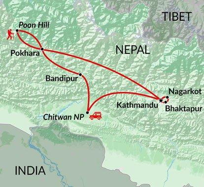 Trisuli river rafting option, Chitwan wildlife safaris, Lakeside Pokhara, trekking to Poon Hill, hilltop village of Bandipur Places Visited: Kathmandu, Chitwan NP, Bandipur, Pokhara, Poon Hill,
