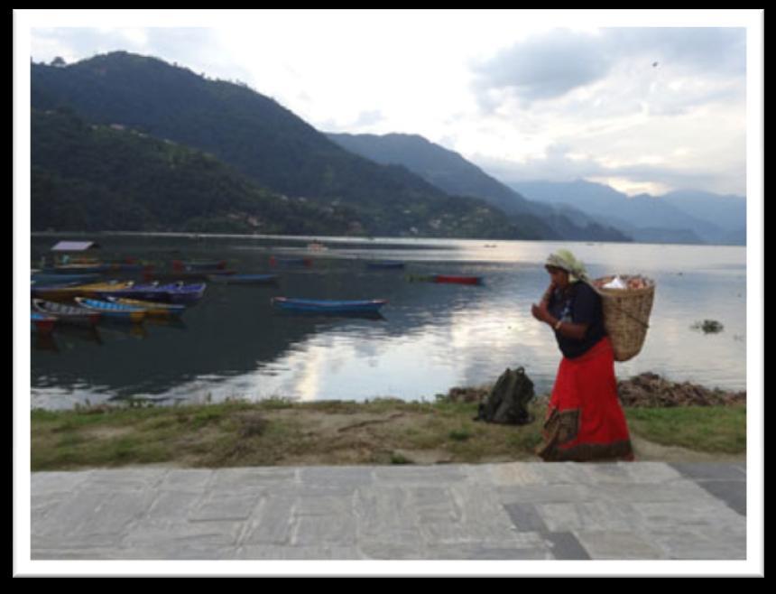with panoramic views of Annapurna, Machapuchare (shape of fish tail), Dhaulagiri, Lamjung Himal and Manaslu. The town of Pokhara is set on the banks of the Phewa Lake.