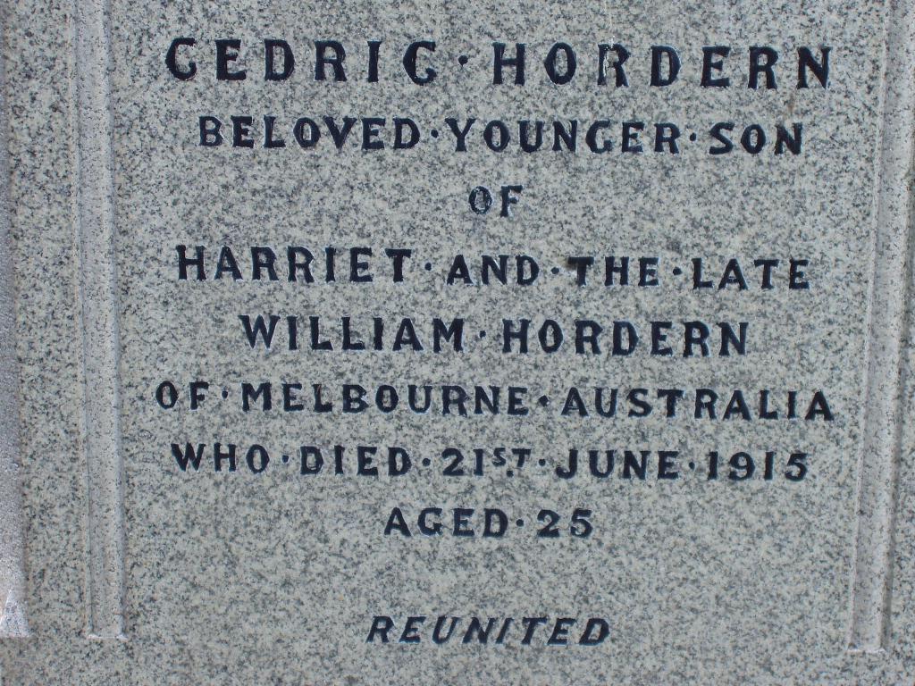 In Memory Of Louise The Dearly Beloved Wife Of Cedric Hordern Who Died 6 th April, 1914 Aged 25 My Darling Also The Above Cedric