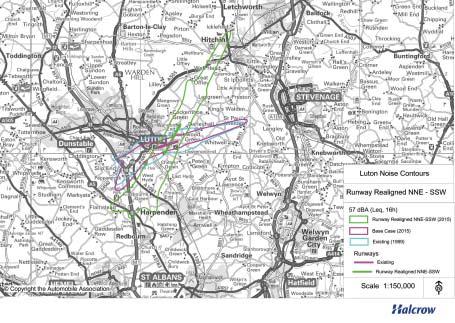 The Future Development of Air Transport South East Consultation Document Figure 10E: 57dBA noise contours: 1999, base case (2015), realigned runway (2015) AIR QUALITY 10.