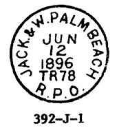 , RPO, 175 miles - Feb 6, 1893 to Sep 1, 1893 392-P-1; JACK. & ROCKLEDGE R.P.O., 28.5, black, 1893, T.N., IV Jacksonville & Fort Pierce, Fl.