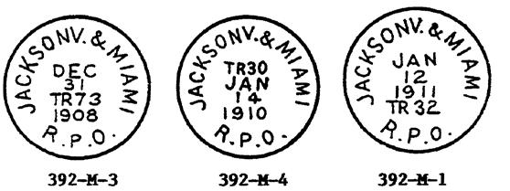 N., II 392-E-2; JACK. & KEY WEST R.P.O., 29.5, black, 1942, T.N., II 392-R-1; JACK & KEY WEST TR. 184, 4-line handstamp, purple, 1912, Clerks name, T.N., III 392-F-1; JACK.