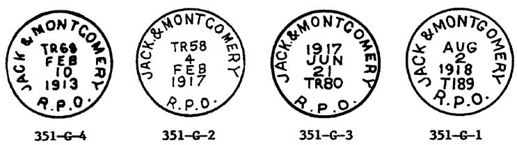 & MONTGOMERY R.P.O., 30, black, 1917, T.N., III 351-G-1; JACK & MONTGOMERY R.P.O., 29.5, black, 1918, T.N., III 351-H-1; JACKSONVILLE & MONTG. R.P.O., 29.5, black, 1929, T.N., I 351-H-2; JACKSONVILLE & MONTG.