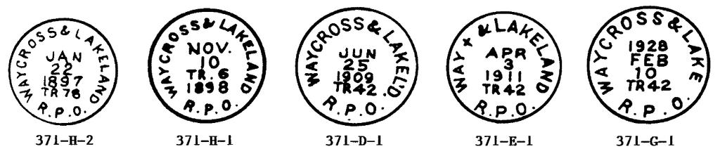 Way Cross, Ga. & Port Tampa, Fl., RPO, 312 miles - May 2, 1895 to Jan 17, 1900 350-R-1; WAYCROSS & PT. TAMPA R.P.O., 28.5, black, 1897, T.N., III Jesup, Ga. & Lakeland, Fl.