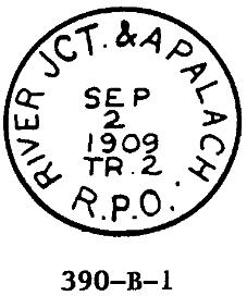 390-C-1; RIVER JUNC. & APALA. R.P.O., 29.5, black, 1913,28,31, T.N., II River Junction & Port Saint Joe, Fl., RPO, 102 miles - Mar 16, 1928 to Jan 31, 1951 390-D-1; R. JCT. & PT. ST. JOE R.P.O., 30.