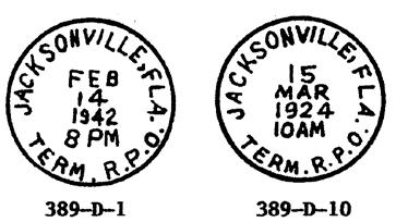 Washington, D.C. & Jacksonville, Fl., RPO, 774 miles - Southern Division - Florence to Jacksonville - Jan 7, 1935 to Oct 1, 1944 305-AJ-3; WASH. & JACK. N.D. R.P.O., 30. black, 1935, T.N., I 305-AJ-1; WASH.
