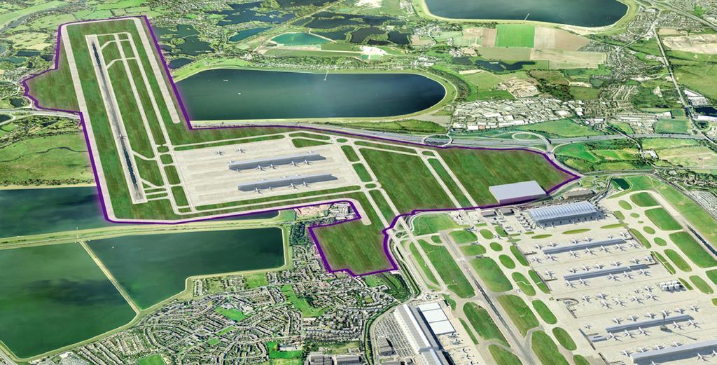 Option 2: Third Runway South West Runway would go over the King George VI and Wraysbury reservoirs New apron and terminal facilities on site of Stanwell Moor Performs well on noise 20% fewer people