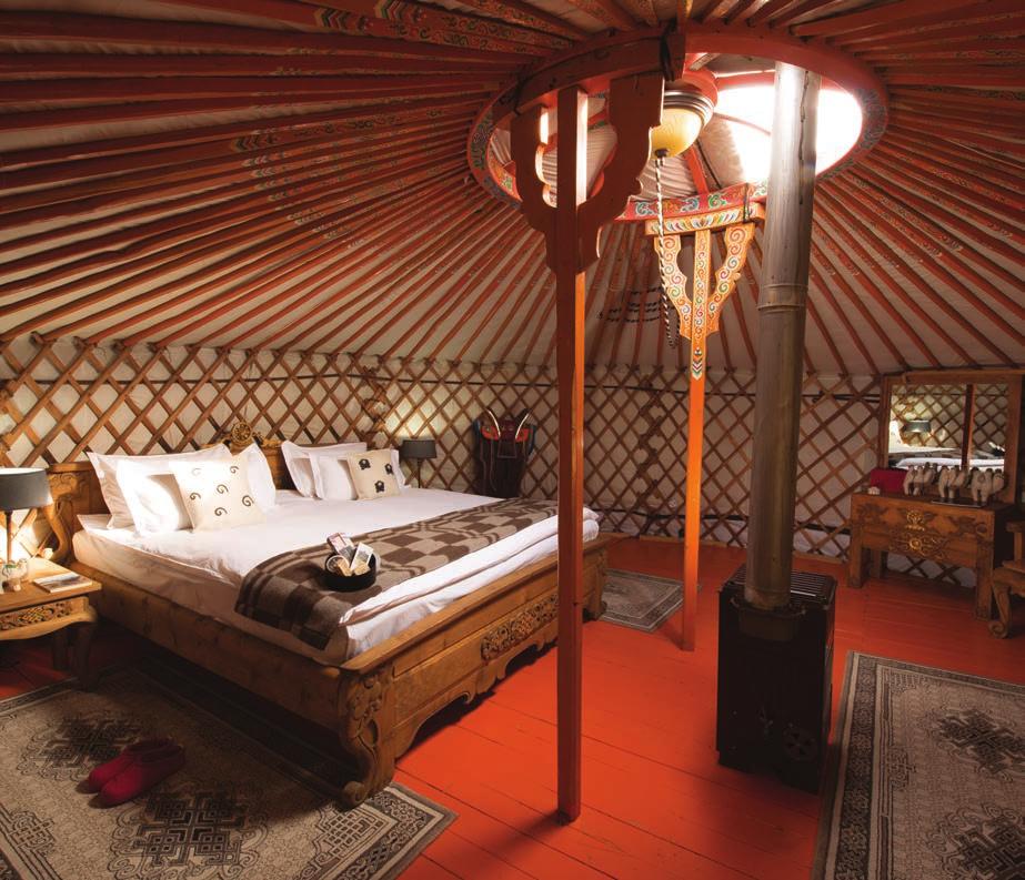 Accommodations range from the luxury Shangri-La Hotel in Ulaanbaatar to traditional nomadic gers dome-shaped tents constructed of latticed walls, covered by felt and canvas.
