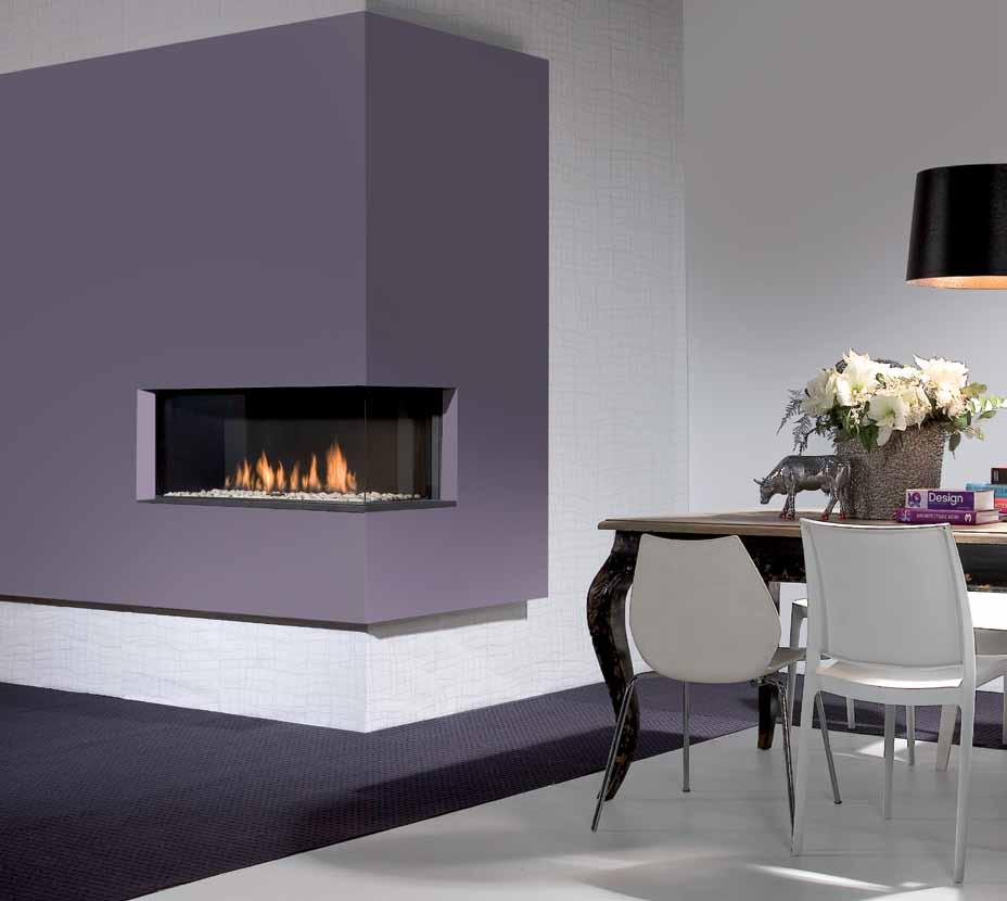 Large frameless corner fire. Available with a left or right hand corner. Innovative Step Burner.