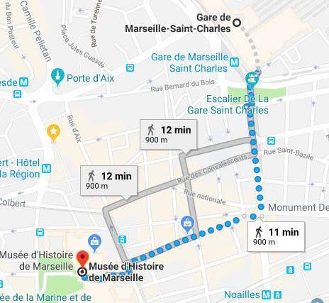 It takes approximately 10 minutes to reach the Musee d Histoire de Marseille from the Gare de