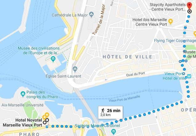 It takes approximately 30 minutes from Hotel Novotel Marseille Vieux Port and Hotel Sofitel Marseille Vieux Port to reach Hotel StayCity Breakfast at Hotel StayCity.